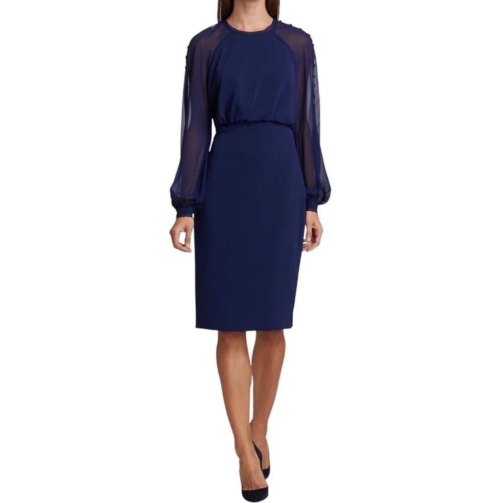 Badgley Mischka Navy Chiffon Long Sleeve Cocktail Midi Dress Women's Size 2